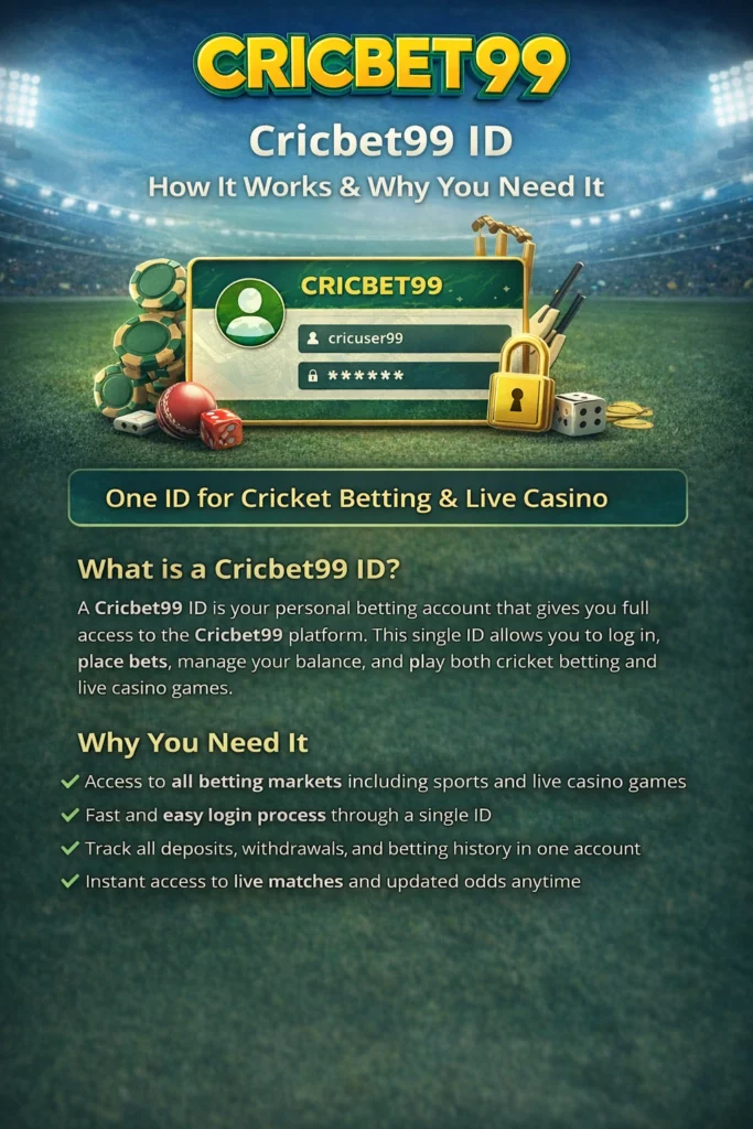 Cricbet99 ID image showing login account, secure betting access, and cricket betting platform interface