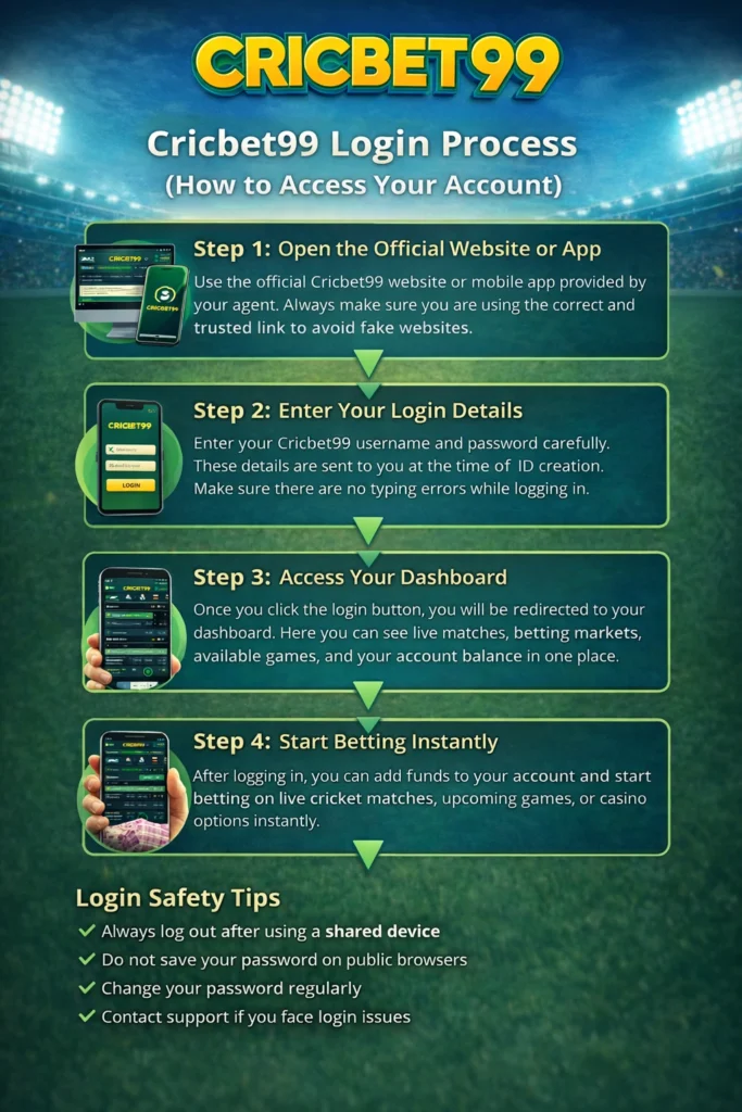Cricbet99 login process image showing username and password login steps to access online betting account