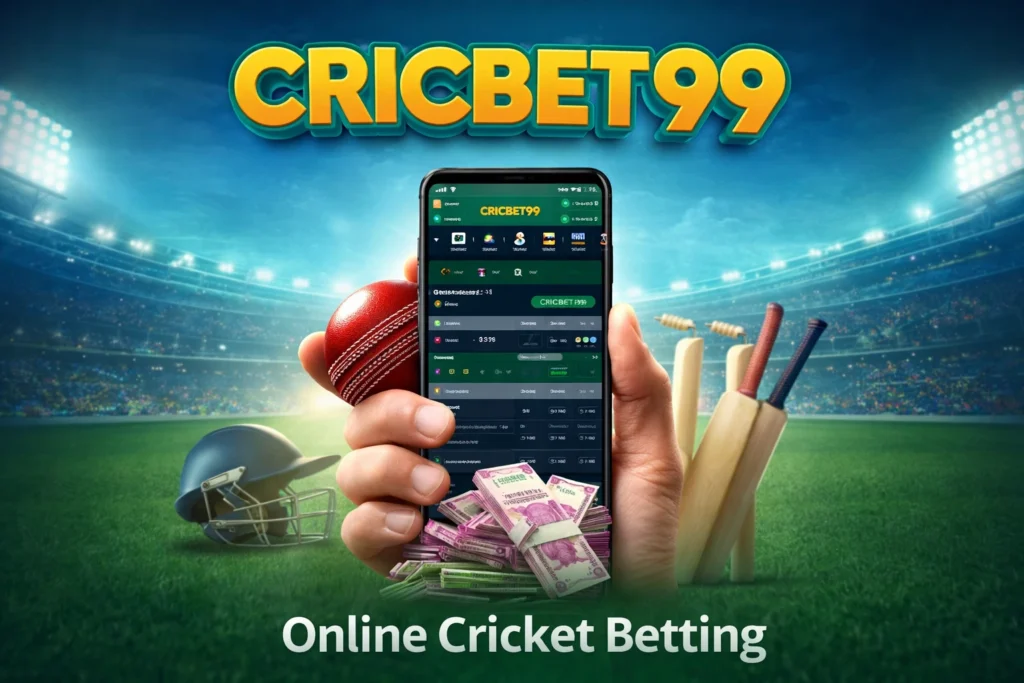 Cricbet99 logo with online cricket betting image showing mobile app, cricket ball, stadium and betting interface