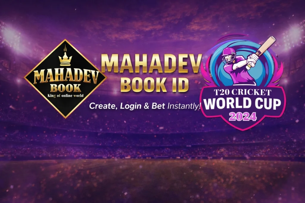 Mahadev Book ID logo with T20 Cricket World Cup 2024 betting banner for online sports and casino betting in India