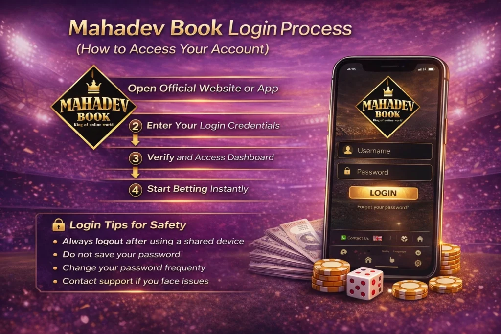 Mahadev Book login process image showing username and password login to access online betting and casino account