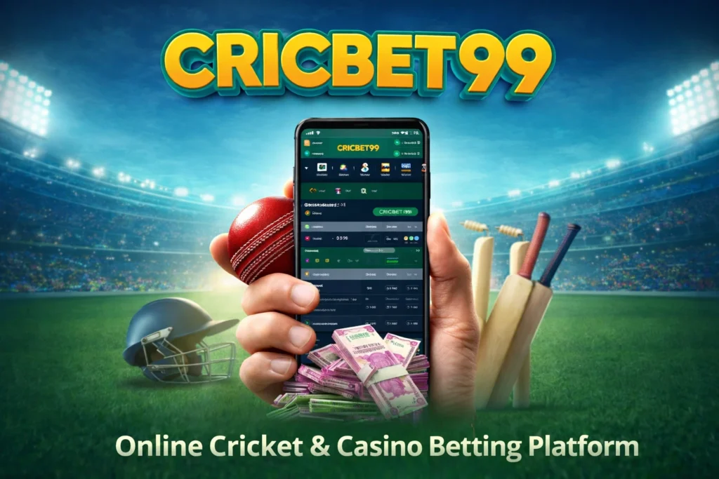 Cricbet99 online betting platform image showing mobile app, live cricket odds, stadium, and betting interface