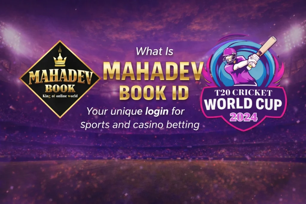 Mahadev Book ID logo with T20 Cricket World Cup 2024 banner showing online sports and casino betting platform