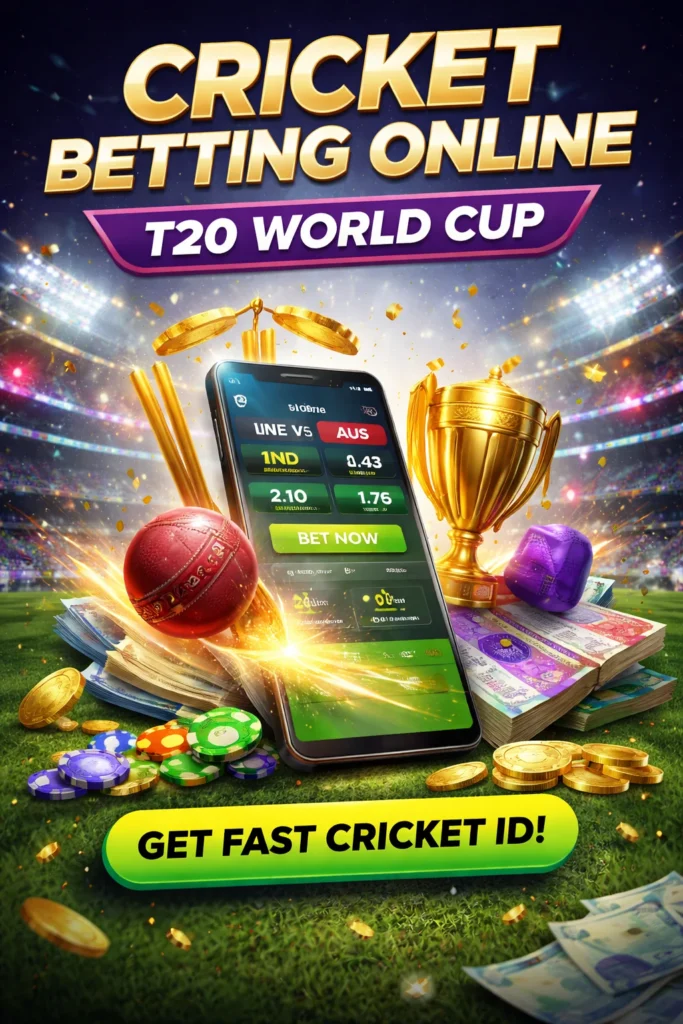 Cricket Betting Online infographic showing mobile betting interface on T20 World Cup platform