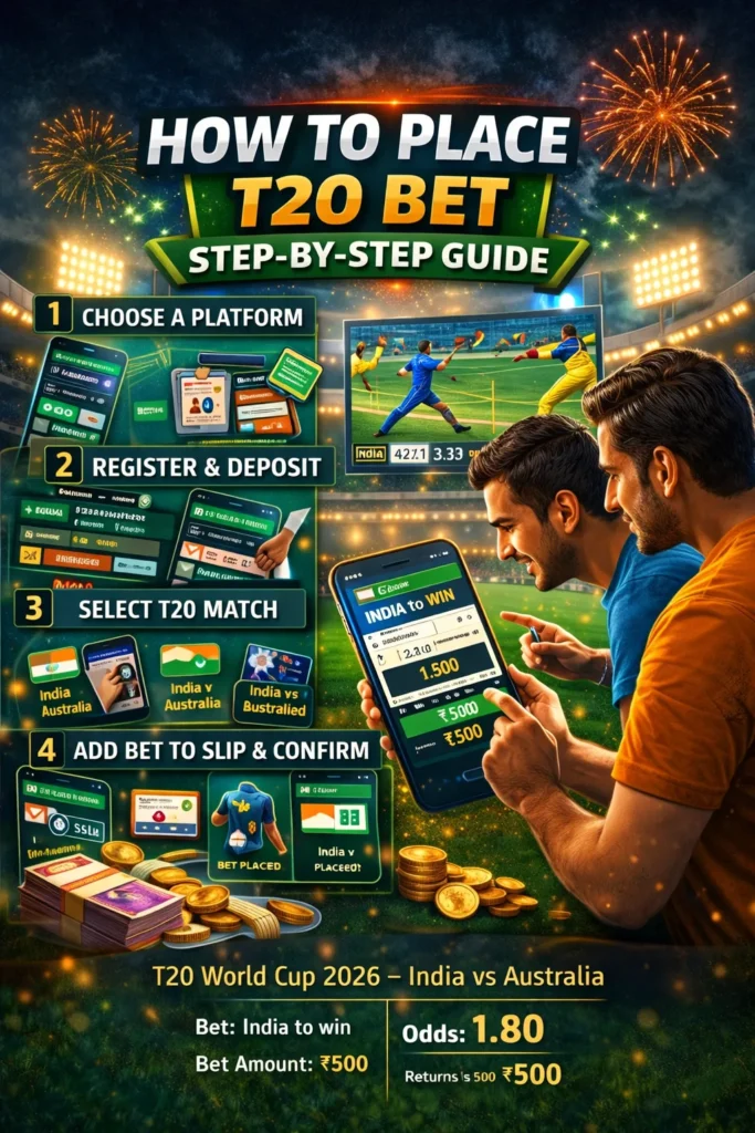 Step-by-step guide showing how to place a T20 cricket bet on India vs Australia match