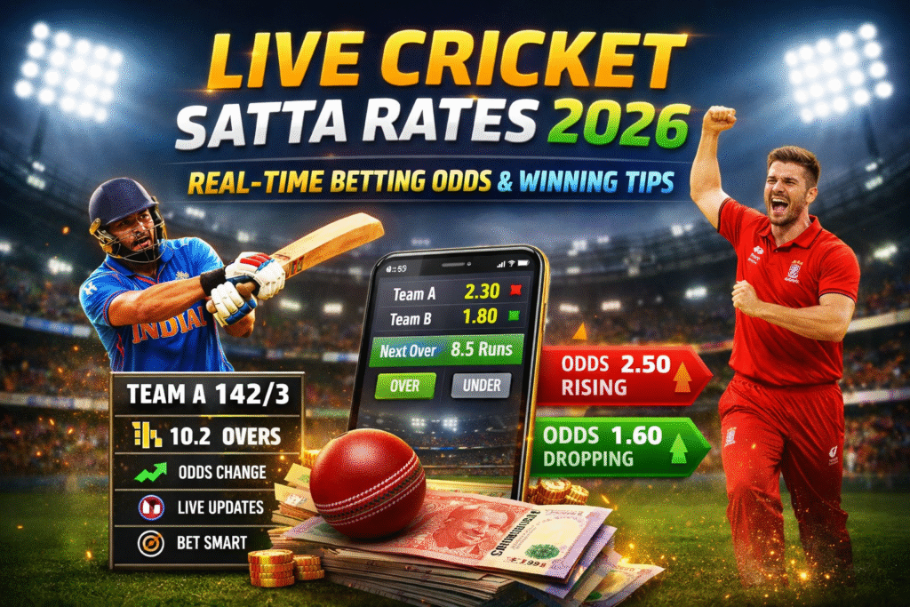 Graphic showing live cricket satta rates 2026 with real-time odds, betting updates, and match visuals on T20 WorldCup.