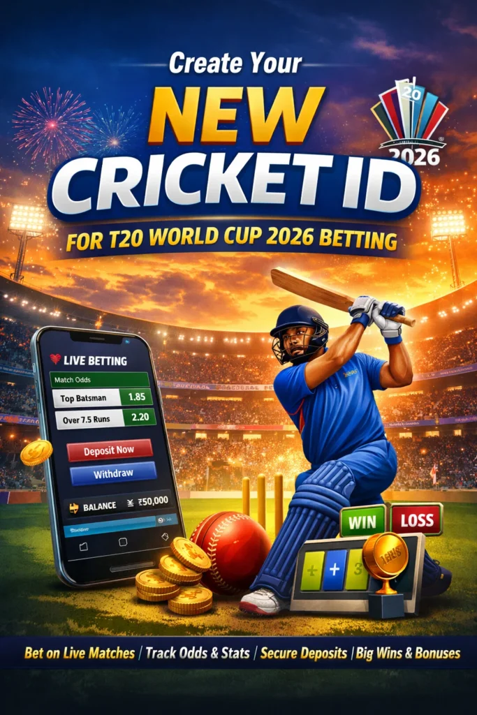 New Cricket ID 2026 guide showing cricket player, mobile betting dashboard, and T20 World Cup theme.