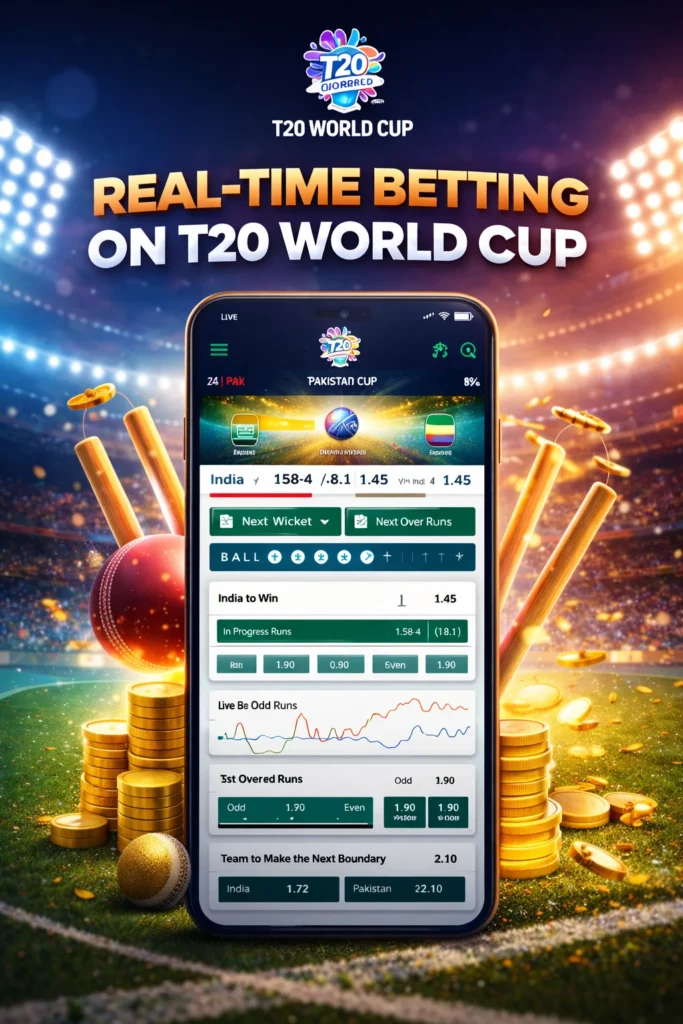 Real-time cricket betting on T20 World Cup app showcasing live match odds and instant updates.