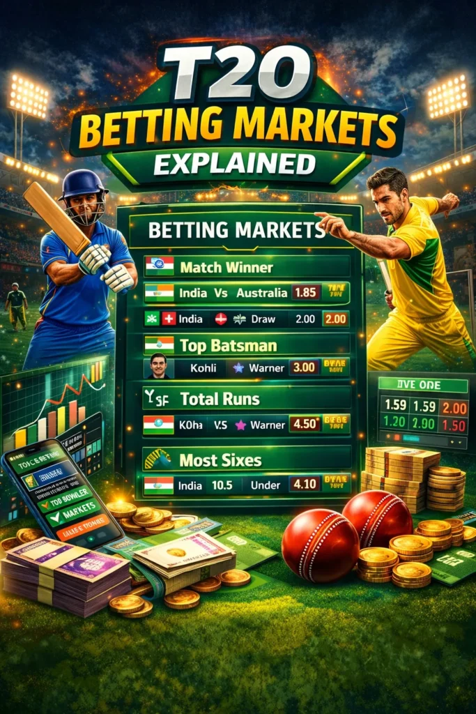 T20 cricket betting markets explained with match winner, total runs, and top batsman graphics