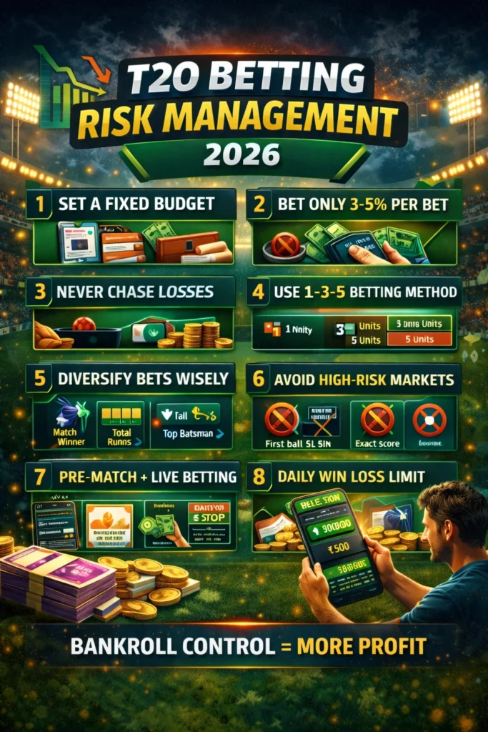 T20 betting risk management tips including bankroll control, fixed budget, and loss limits