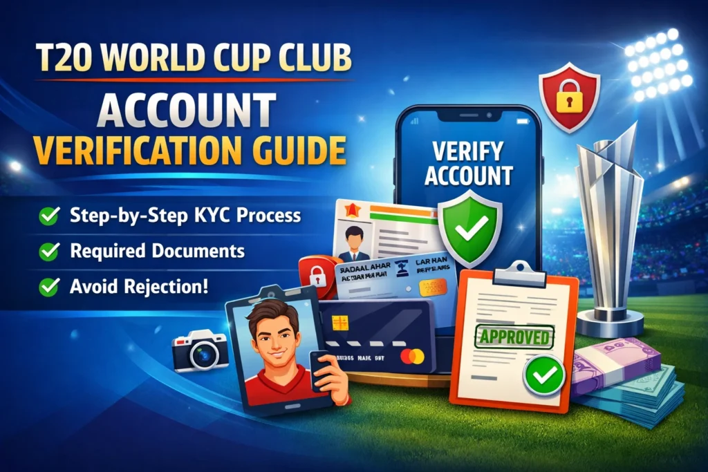 T20 World Cup Club account verification guide showing KYC documents, mobile verification screen, and approval badge for beginners.