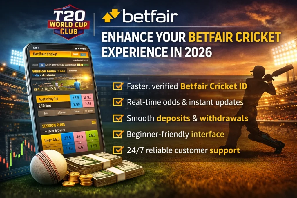 T20 World Cup Club Betfair Cricket features showing verified ID, real-time odds, and smooth deposits for 2026 bettors.