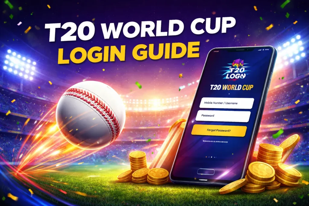 T20 World Cup login guide showing secure betting account access on mobile and desktop