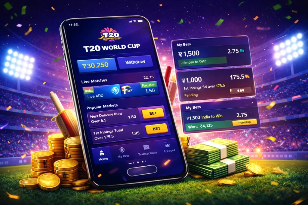 Step-by-step T20 World Cup login process displayed on mobile betting dashboard