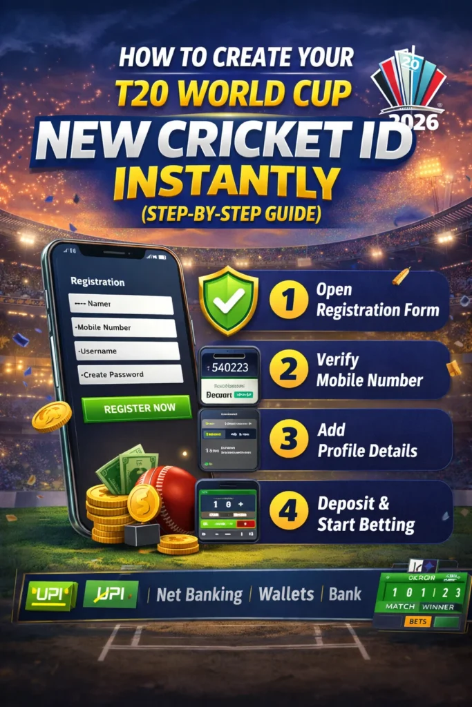 Step-by-step guide to creating a T20 World Cup New Cricket ID with mobile interface and verification steps.