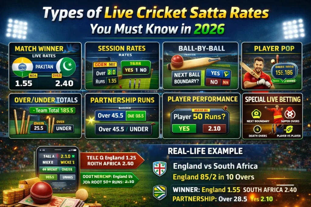 Visual chart showing different types of live cricket satta rates for 2026, including match winner, session betting, partnership runs, over/under totals, and player performance.
