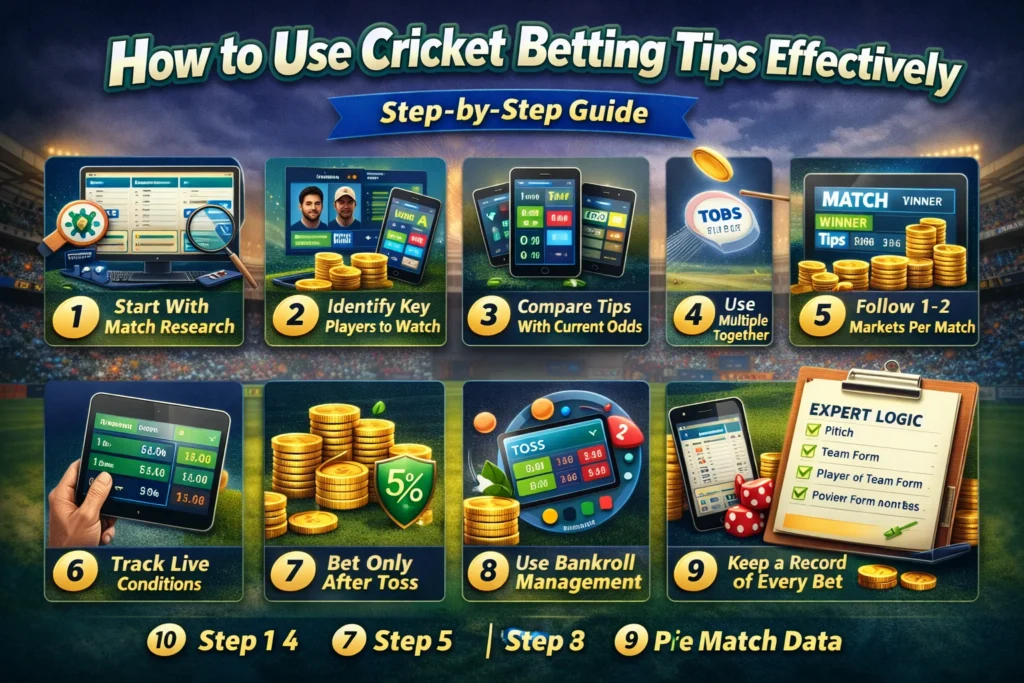 Step-by-step infographic explaining how to use cricket betting tips effectively with icons and betting screens.