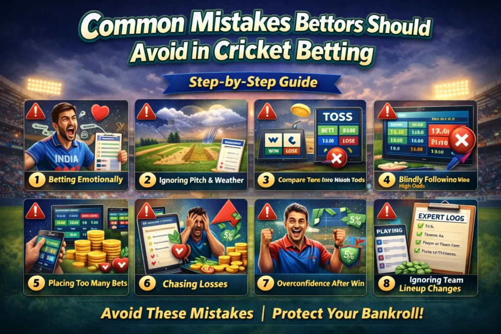 Illustration showing common cricket betting mistakes such as emotional betting, chasing losses, ignoring pitch conditions, and following high odds.