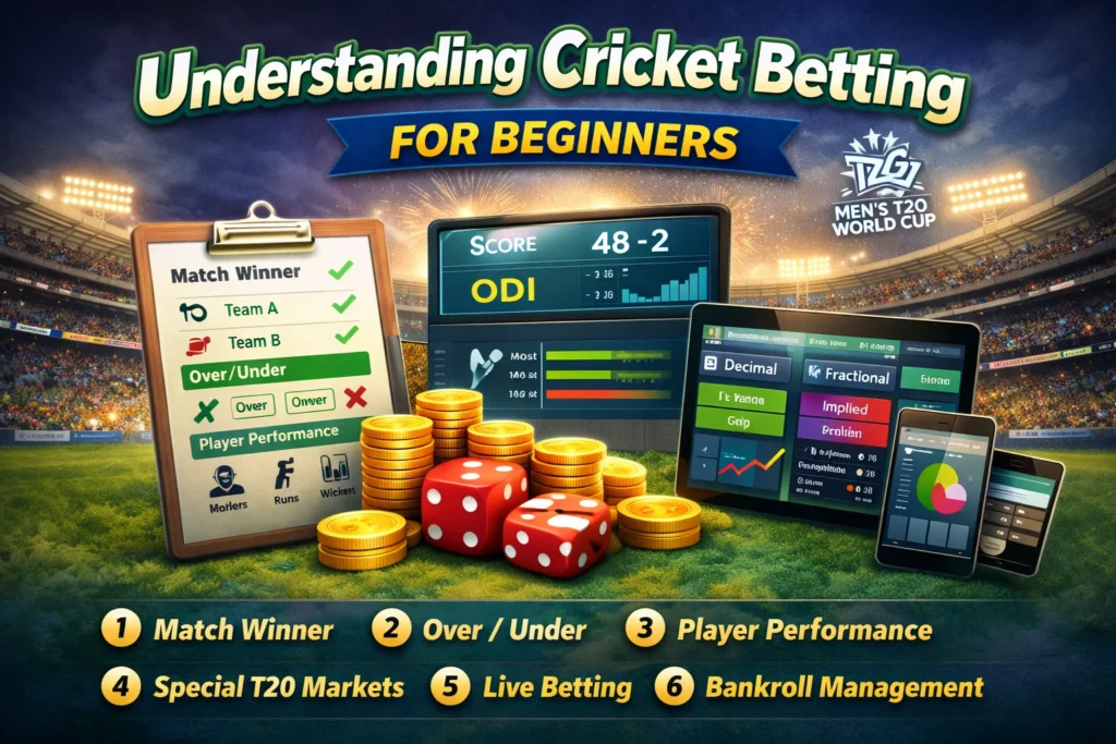 Educational cricket betting graphic showing match winner, over/under, player performance, and betting interfaces for beginners.