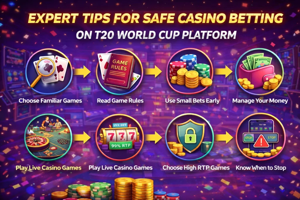 Infographic showing expert safety tips for casino betting on the T20 World Cup platform.