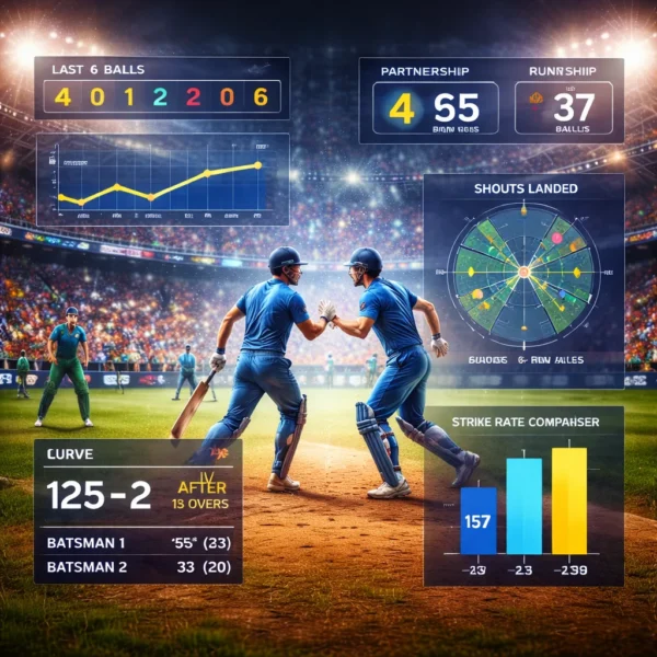 T20 World Cup Batting Play partnership between two batsmen with live score analytics and strike rate comparison graphics