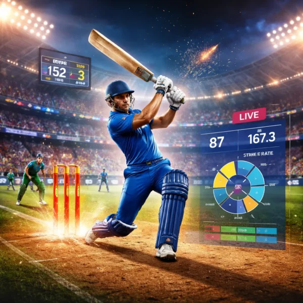 Batting Play live action in T20 World Cup showing batsman hitting a powerful shot with real-time cricket analytics overlay