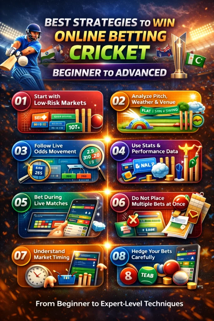 Step-by-step guide infographic showing how to start online betting cricket on the T20 World Cup platform.