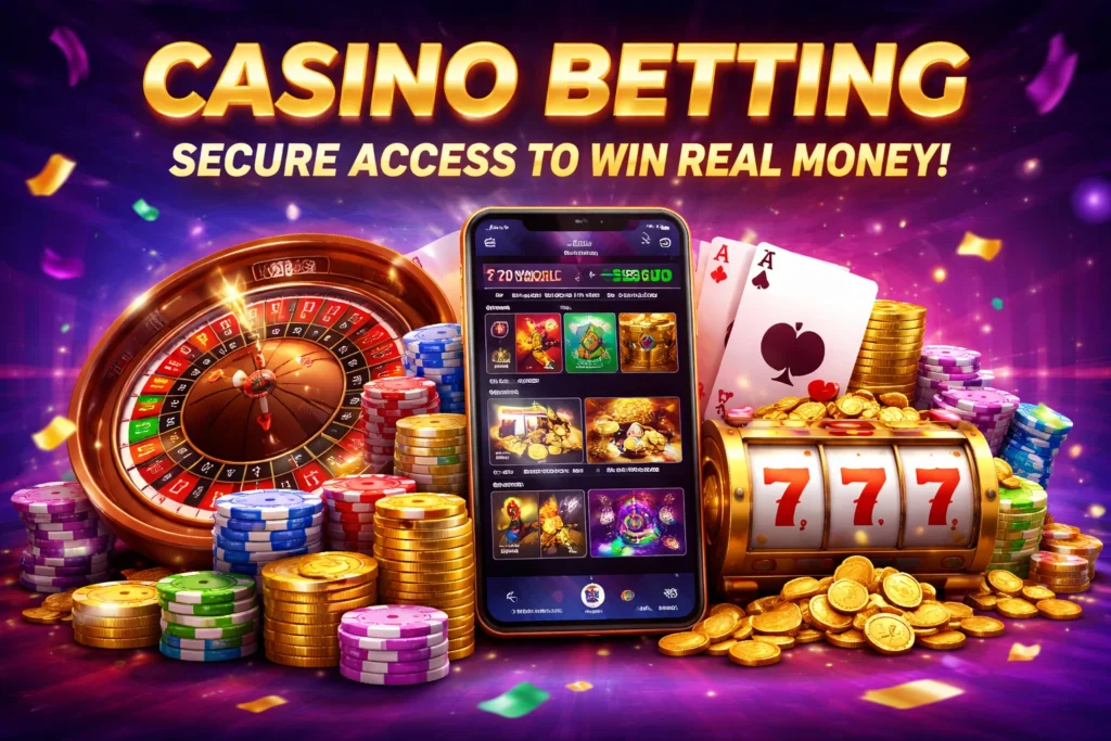 Casino betting banner showing secure access, roulette wheel, slot machine, cards, and T20 World Cup mobile interface.