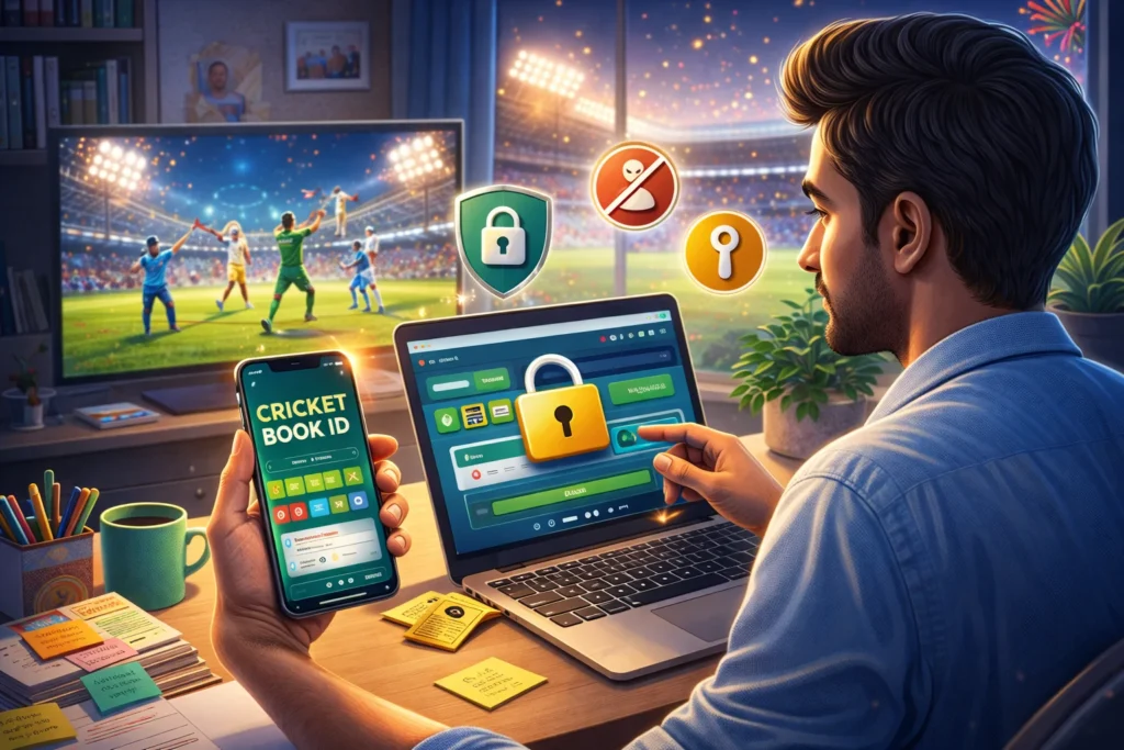 User managing Cricket Book ID securely on laptop and smartphone while watching T20 World Cup match at home