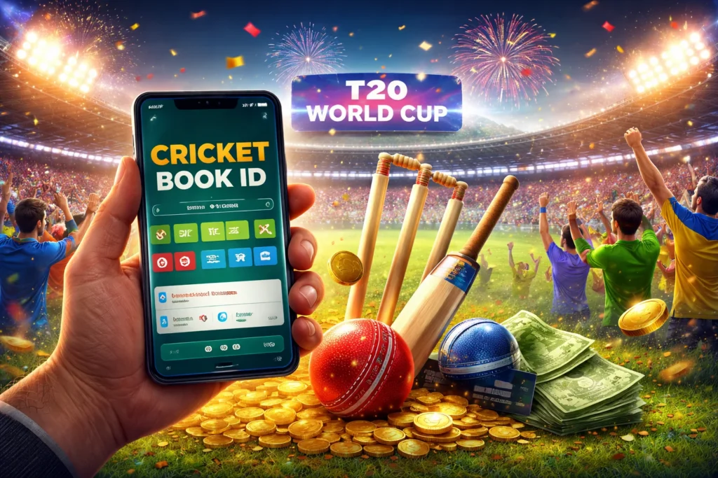 Cricket Book ID platform on smartphone during T20 World Cup with cricket stadium background and fans celebrating