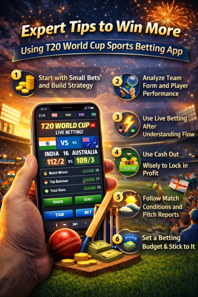 Registration steps for T20 World Cup sports betting app with smartphone display and cricket visuals.