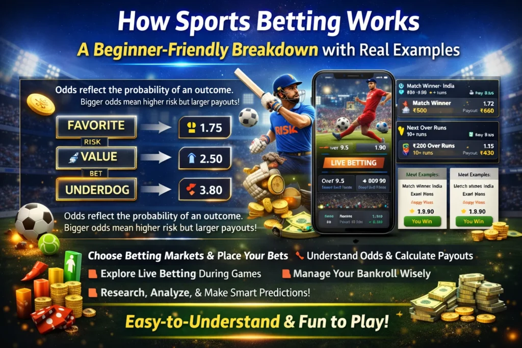 Infographic explaining how sports betting works with odds, examples, and live betting visuals.