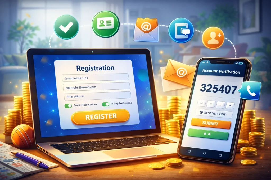 Sport Betting ID registration process with laptop and mobile verification screen for Magic Win cricket betting platform
