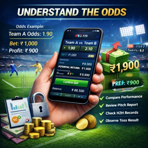 Example of Online Match Betting odds on T20 World Cup showing potential return and betting slip details