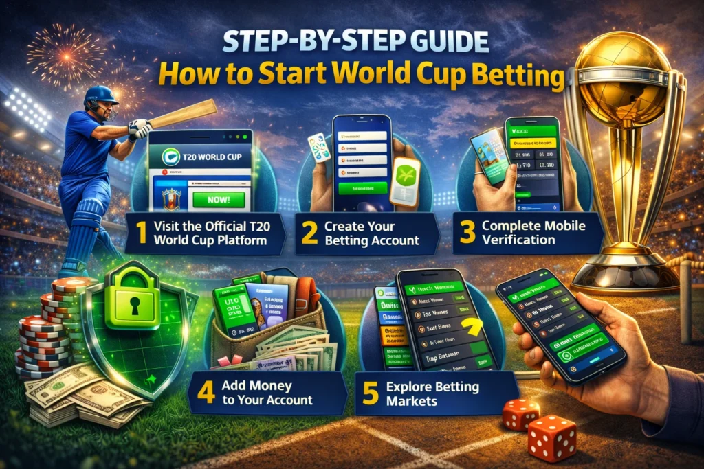 Infographic showing steps to start World Cup Betting on T20 World Cup
