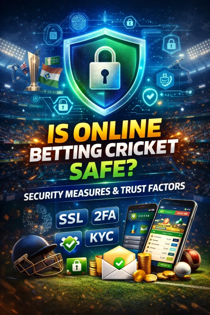 Security-focused online betting cricket graphic showing SSL, 2FA, KYC, and secure payment icons.