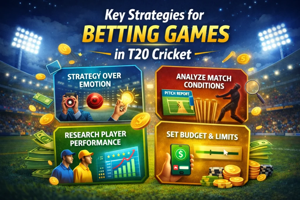 Key strategies for betting games in T20 cricket including research, budget control, and match analysis