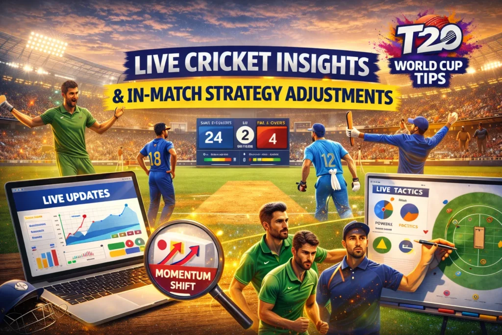 Live cricket insights dashboard showing momentum shift and in match strategy adjustments during T20 World Cup Tips analysis
