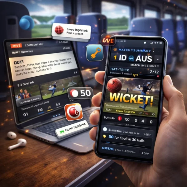 Live Cricket Online mobile screen showing T20 World Cup live score updates and wicket notification