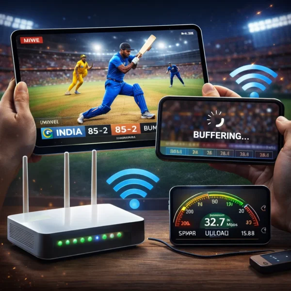 Live Cricket Online streaming T20 World Cup match on tablet and smartphone with WiFi router and speed test display