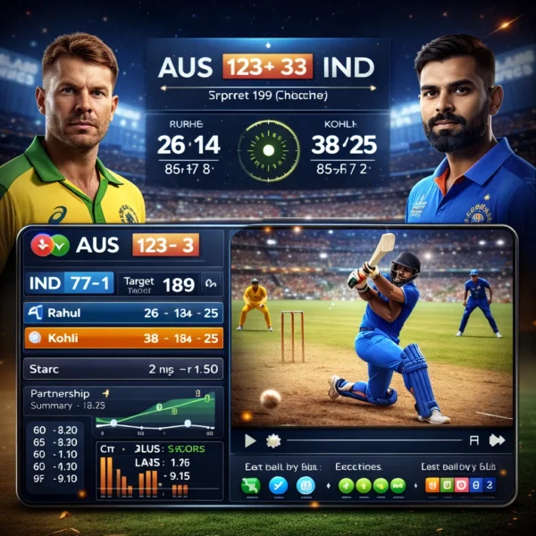 Live Cricket Online interface displaying T20 World Cup live score, player stats, and match analytics