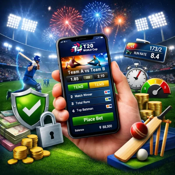 Online Match Betting interface on T20 World Cup showing live odds, secure transactions, and cricket stadium background