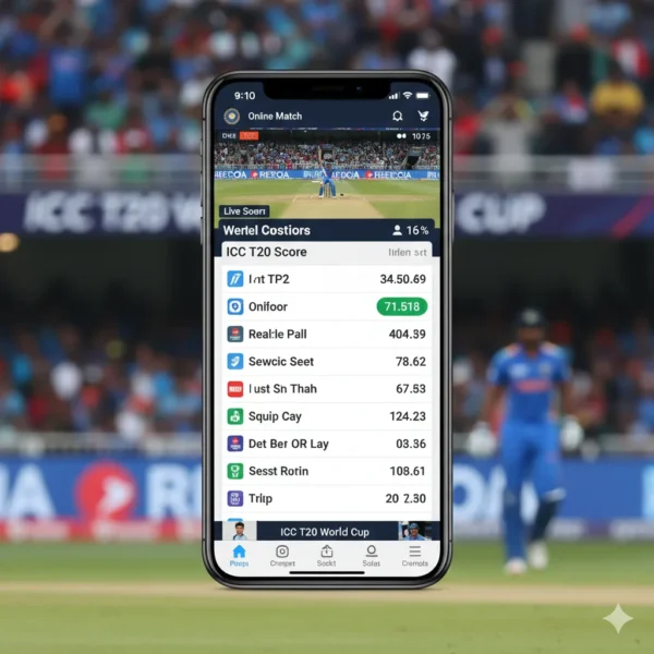Fan watching online match of ICC T20 World Cup live scores on smartphone