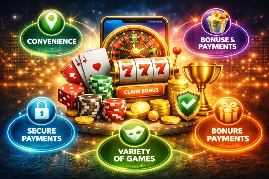 Illustration displaying the advantages of Online Real Gambling with icons for convenience, secure payments, game variety, and bonuses.