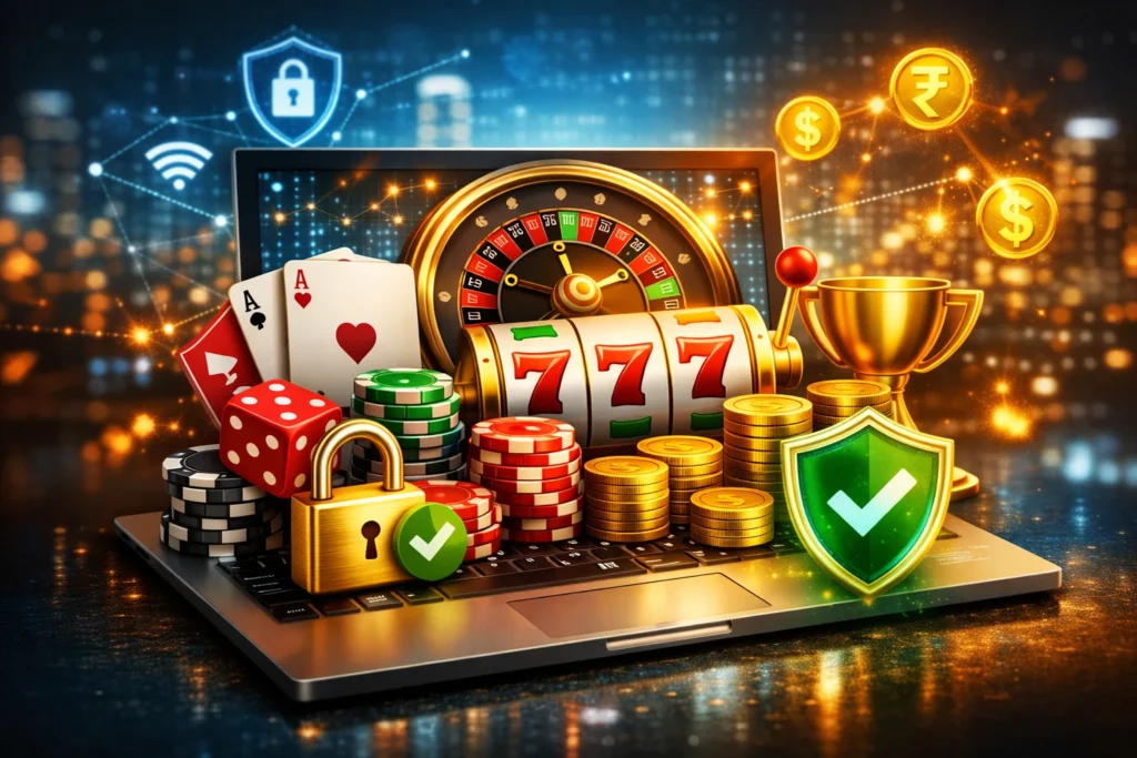 Digital illustration showing safe Online Real Gambling with a laptop, casino chips, cards, slot machine, coins, and security icons.