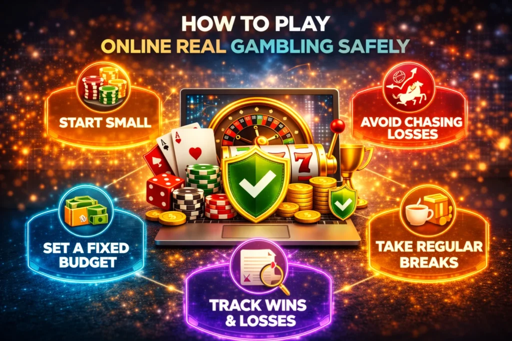 Digital artwork illustrating safe Online Real Gambling strategies like setting budgets, avoiding chasing losses, and starting small.