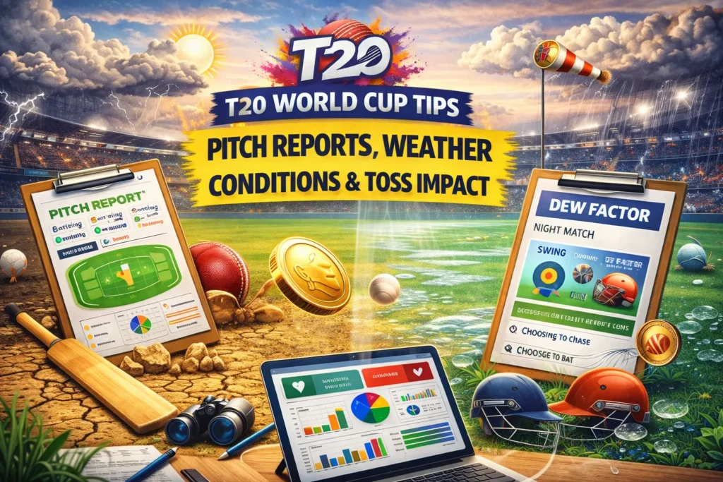 T20 World Cup Tips showing pitch report, weather conditions and toss impact with dry and dewy cricket ground visuals