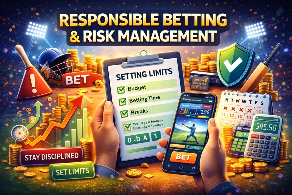 Responsible betting checklist and risk management illustration showing Sport Betting ID budgeting and limit setting during cricket betting