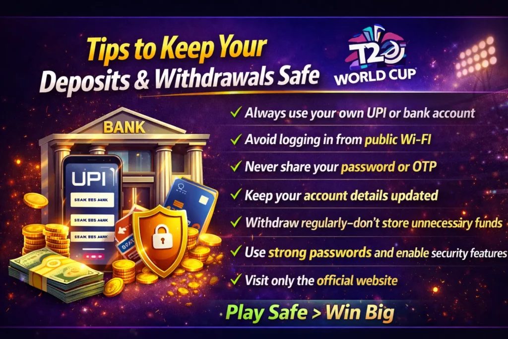 Instant and secure deposit options like UPI, net banking, and card payment on T20 World Cup.