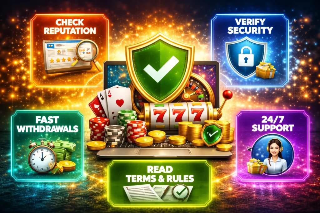 Illustration showing steps to choose safe Online Real Gambling platforms such as checking reputation, verifying security, and ensuring fast withdrawals.